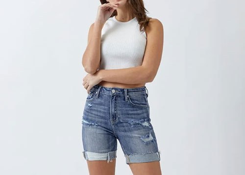 Women's RISEN Full Size Distressed Rolled Denim Shorts with Pockets