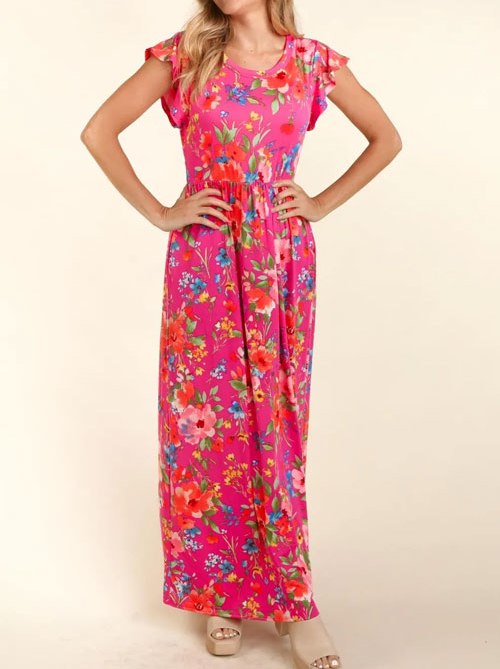 Women's Haptics Floral Ruffled Round Neck Cap Sleeve Dress
