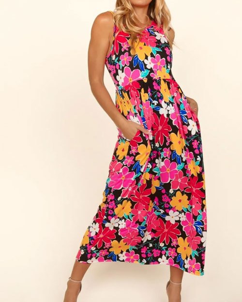 Women's Haptics Pocketed Floral Round Neck Sleeveless Midi Dress