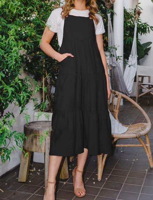 Women's ODDI Full Size Sleeveless Tiered Midi Dress