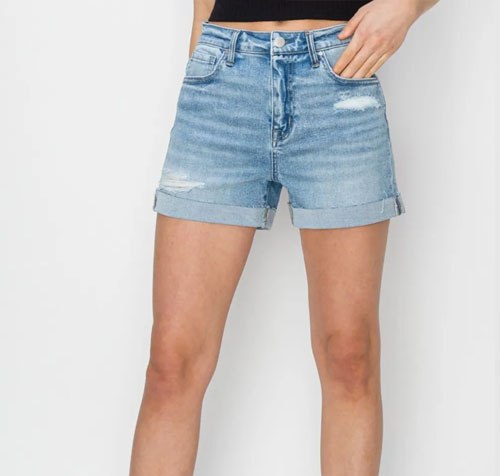 Women's RISEN Distressed Mid-Rise Waist Denim Shorts