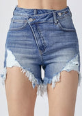 Women's RISEN Raw Hem Asymmetrical Waist Denim Shorts