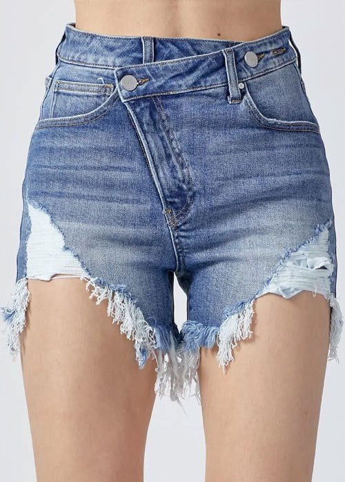 Women's RISEN Raw Hem Asymmetrical Waist Denim Shorts