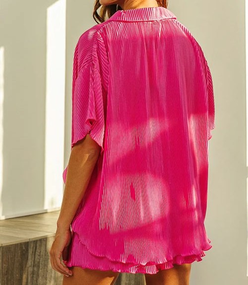 Women's BiBi Pleated Short Sleeve Shirt and Shorts Set