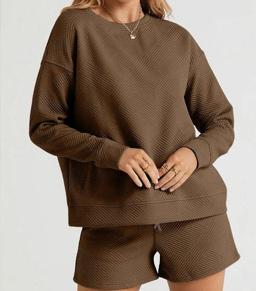 Women's Double Take Full Size Texture Long Sleeve Top and Drawstring Shorts Set