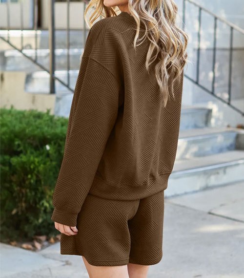 Women's Double Take Full Size Texture Long Sleeve Top and Drawstring Shorts Set