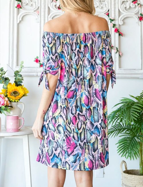 Women's Heimish Full Size Off Shoulder Snake Mini Dress