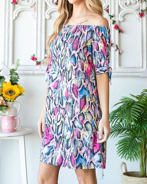 Women's Heimish Full Size Off Shoulder Snake Mini Dress