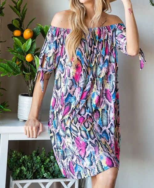 Women's Heimish Full Size Off Shoulder Snake Mini Dress