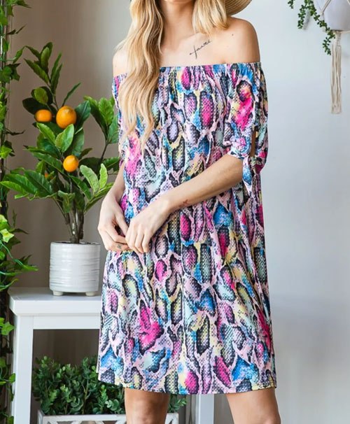 Women's Heimish Full Size Off Shoulder Snake Mini Dress