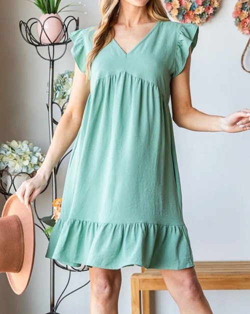 Women's Heimish Full Size Short Sleeve V Neck Ruffled Hem Dress