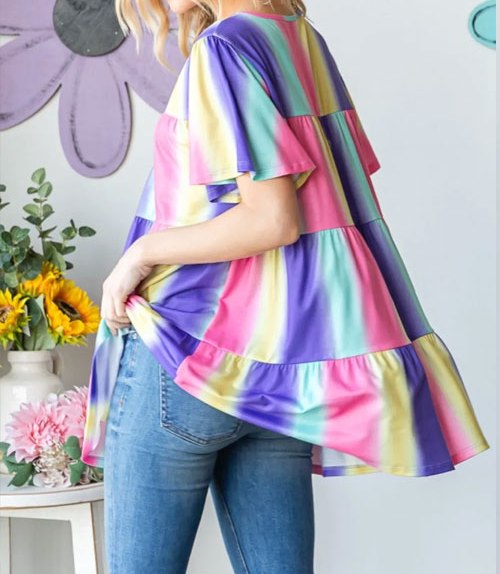 Women's Heimish Full Size Short Sleeve Striped Tiered Top