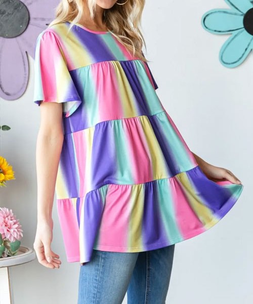Women's Heimish Full Size Short Sleeve Striped Tiered Top