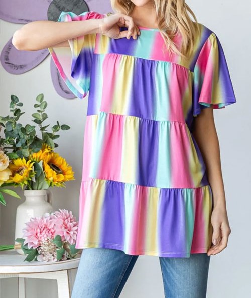 Women's Heimish Full Size Short Sleeve Striped Tiered Top