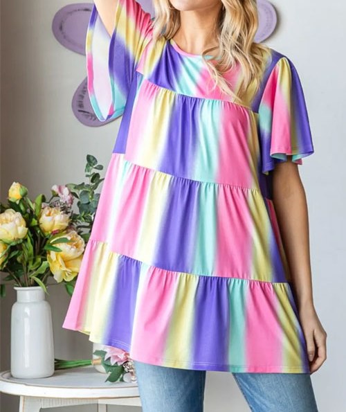 Women's Heimish Full Size Short Sleeve Striped Tiered Top