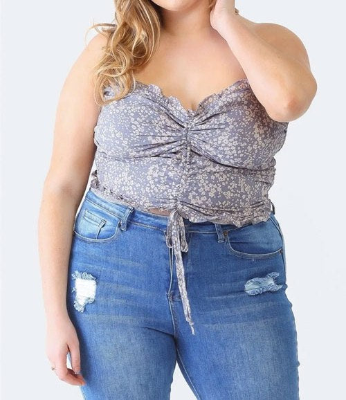 Women Plus Size Drawstring Smocked Floral Tube Top