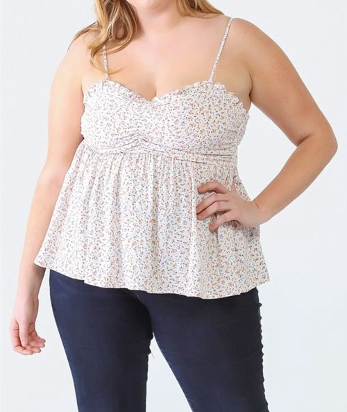 Women Plus Size Frill Smocked Floral Sweetheart Neck Cami
