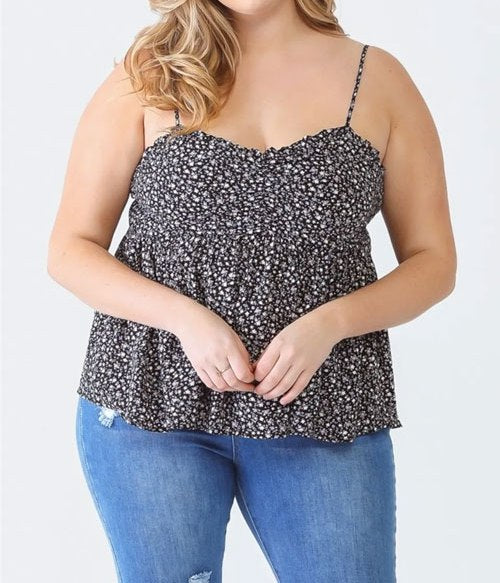 Women Plus Size Frill Smocked Floral Sweetheart Neck Cami