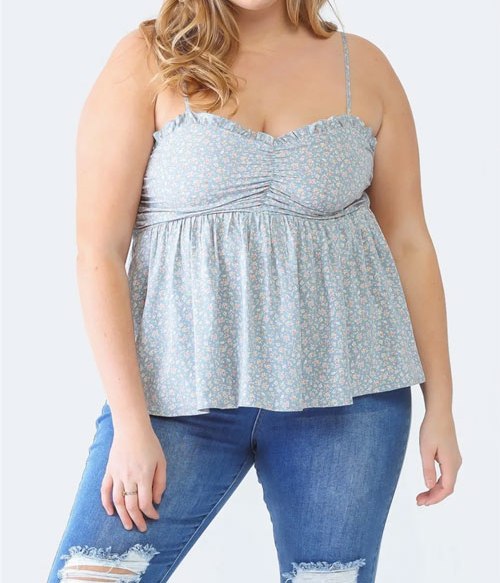 Women Plus Size Frill Smocked Floral Sweetheart Neck Cami