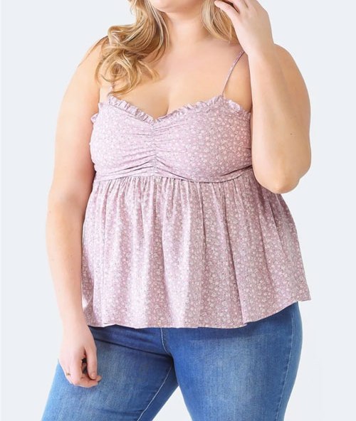 Women Plus Size Frill Smocked Floral Sweetheart Neck Cami