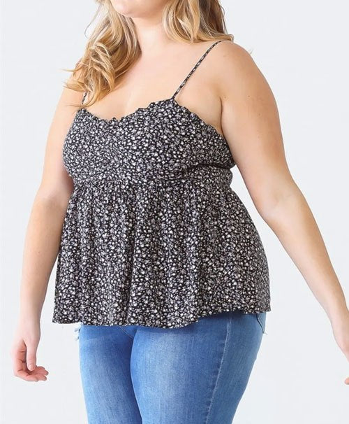 Women Plus Size Frill Smocked Floral Sweetheart Neck Cami