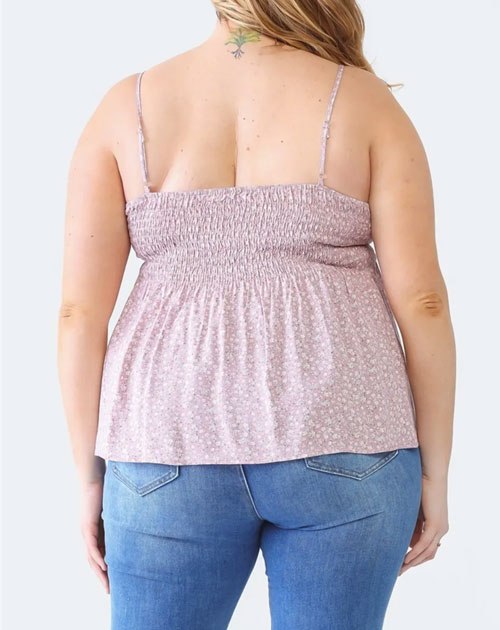 Women Plus Size Frill Smocked Floral Sweetheart Neck Cami