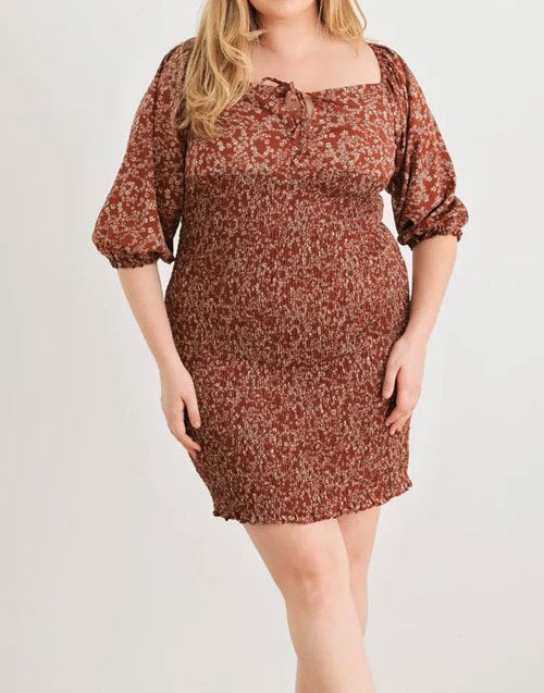 Women Plus Size Smocked Printed Square Neck Mini Dress