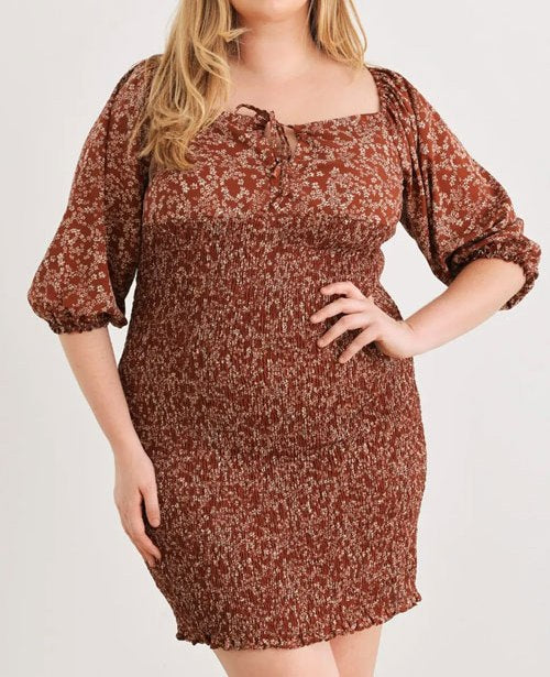 Women Plus Size Smocked Printed Square Neck Mini Dress