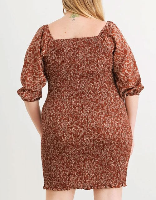 Women Plus Size Smocked Printed Square Neck Mini Dress