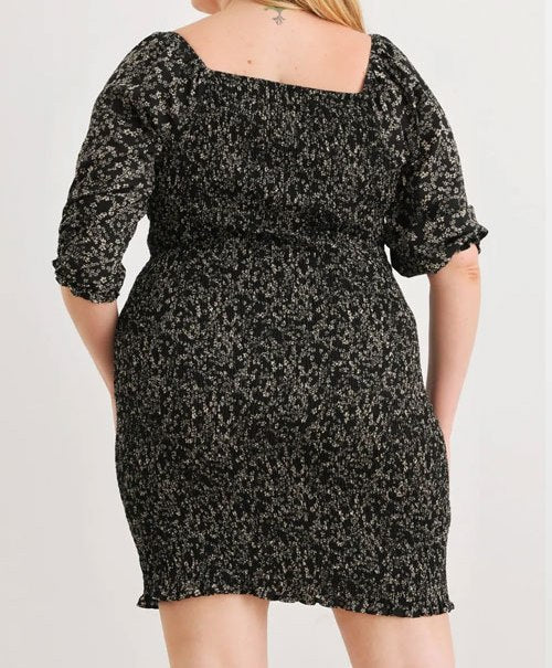 Women Plus Size Smocked Printed Square Neck Mini Dress