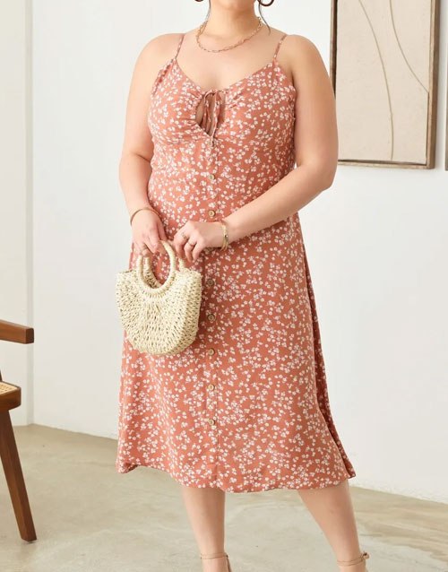Women's Plus Size Cutout Floral Spaghetti Strap Dress