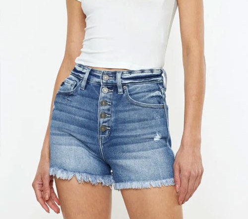 Women's Kancan Button Fly High Rise Raw Hem Denim Shorts