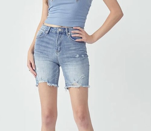 Women's RISEN High Rise Distressed Denim Shorts