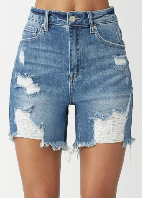 Women's RISEN High Waisted Distressed Denim Shorts