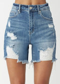 Women's RISEN High Waisted Distressed Denim Shorts
