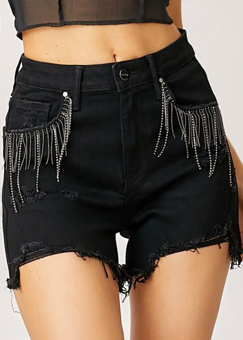 Women's RISEN Frayed Hem Denim Shorts with Fringe Detail Pockets