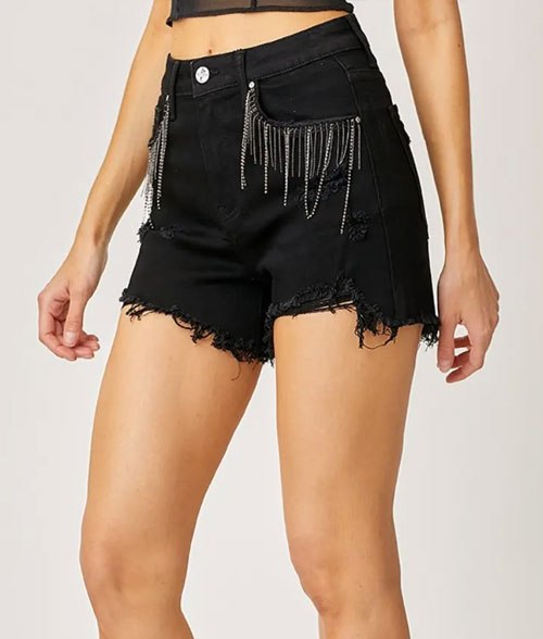 Women's RISEN Frayed Hem Denim Shorts with Fringe Detail Pockets