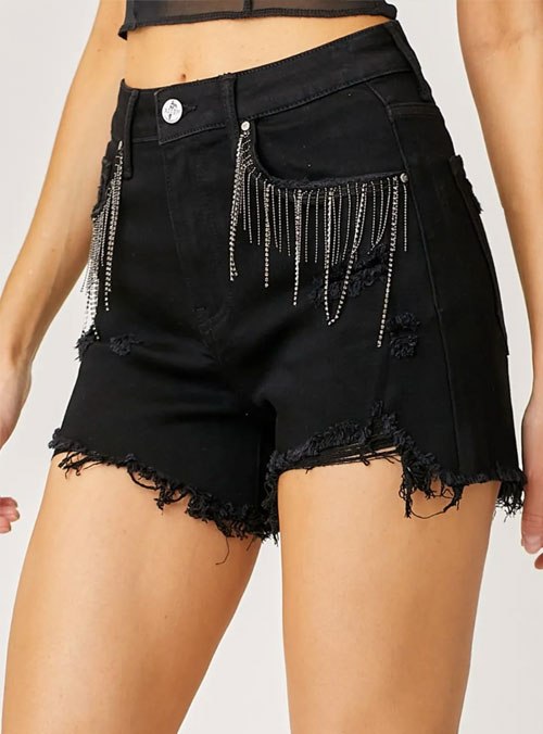 Women's RISEN Frayed Hem Denim Shorts with Fringe Detail Pockets