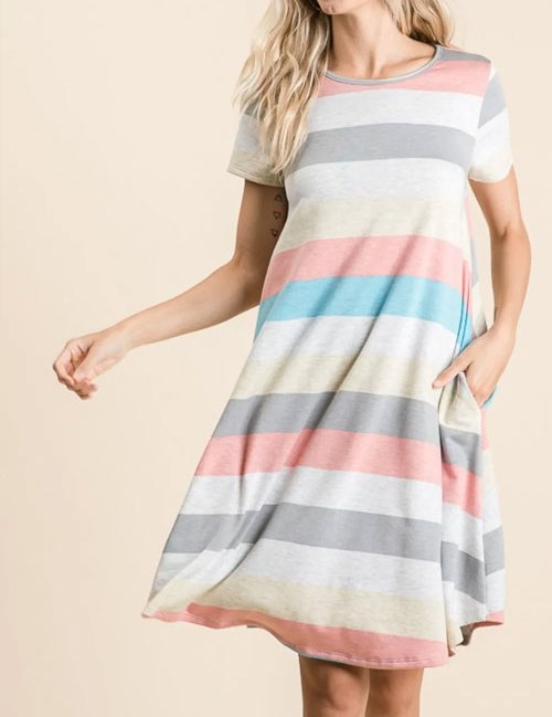 Women's BOMBOM Striped Short Sleeve Dress with Pockets