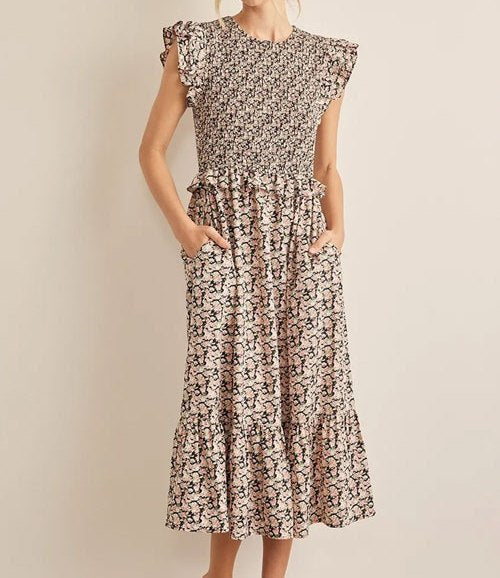 Women's In February Floral Smocked Ruffled Midi Dress