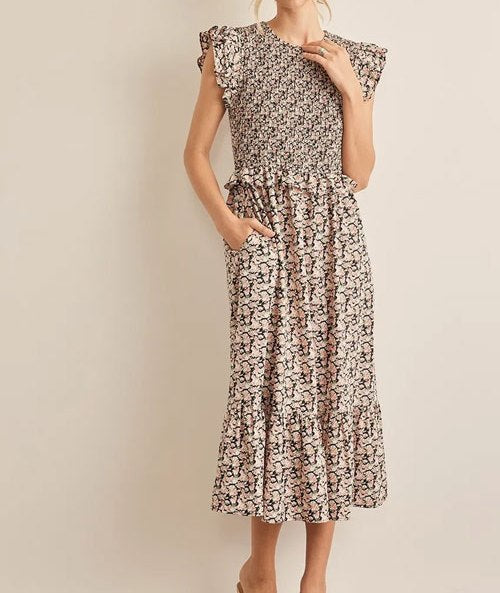 Women's In February Floral Smocked Ruffled Midi Dress