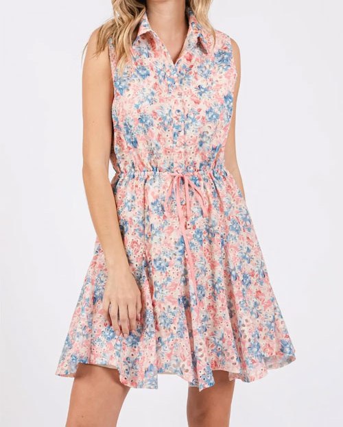 Women's GeeGee Full Size Floral Eyelet Sleeveless Mini Dress