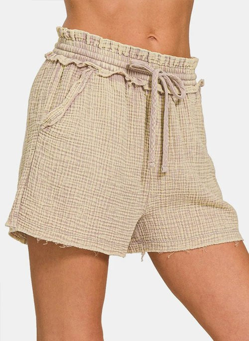 Women's Zenana Washed Frayed Hem Drawstring Shorts