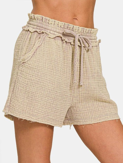 Women's Zenana Washed Frayed Hem Drawstring Shorts
