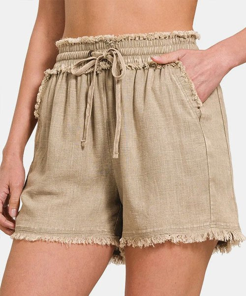 Women's Zenana Washed Linen Frayed Hem Drawstring Shorts