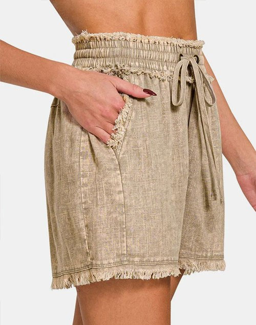 Women's Zenana Washed Linen Frayed Hem Drawstring Shorts