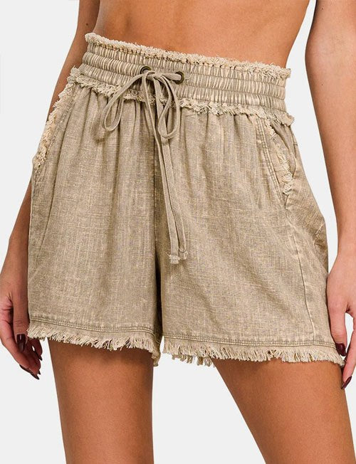 Women's Zenana Washed Linen Frayed Hem Drawstring Shorts
