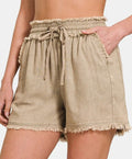 Women's Zenana Washed Linen Frayed Hem Drawstring Shorts