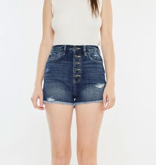 Women's Kancan Raw Hem Button Fly Denim Shorts