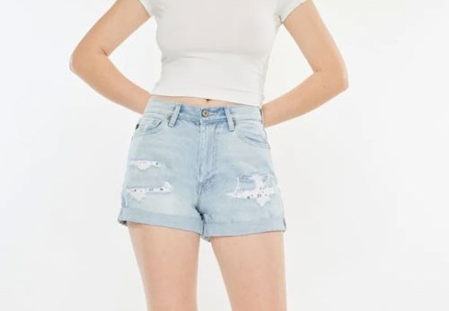 Women's Kancan High Rise Repaired Mom Denim Shorts